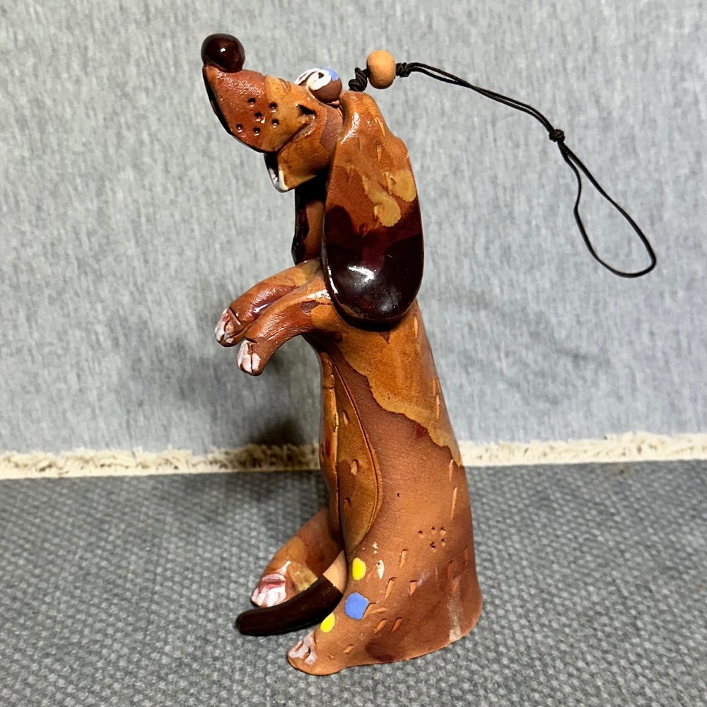 Whimsical Handmade Clay Dachshund Wind Chime Folk Art Brown Pottery